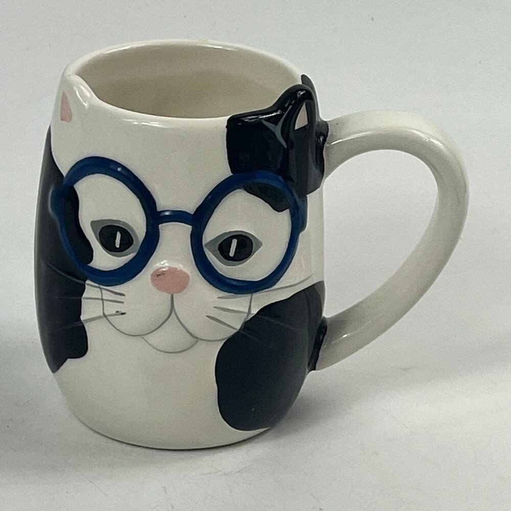 Tag Cat Kitten Coffee Mug Cup Blue Glasses Black White Ceramic Figural Sculpted